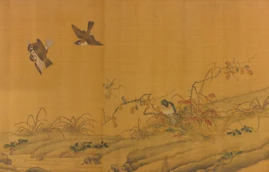 Landschaft mit Vögeln, Beeren, Rosen und Kaninchen